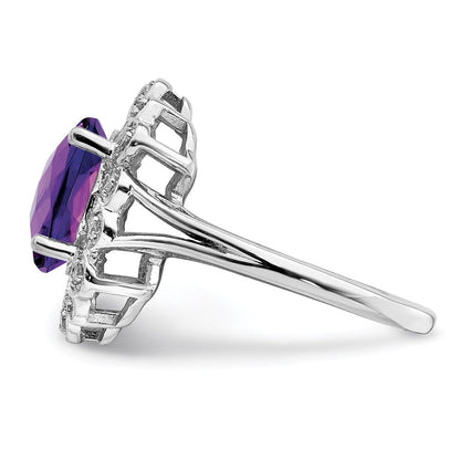 Sterlingsilber Rhodiniert Diamant & Oval Karo Schliff Amethyst Ring (size 7 Nur)