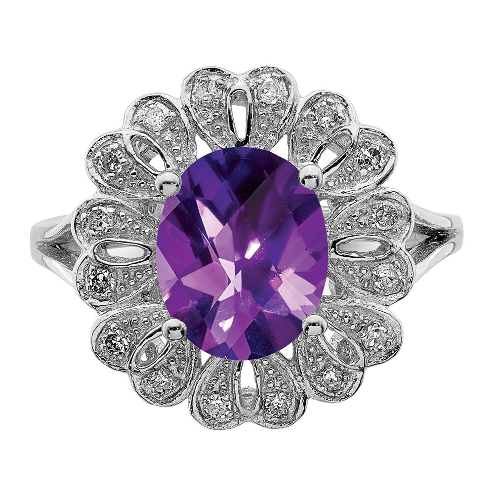 Sterlingsilber Rhodiniert Diamant & Oval Karo Schliff Amethyst Ring (size 7 Nur)