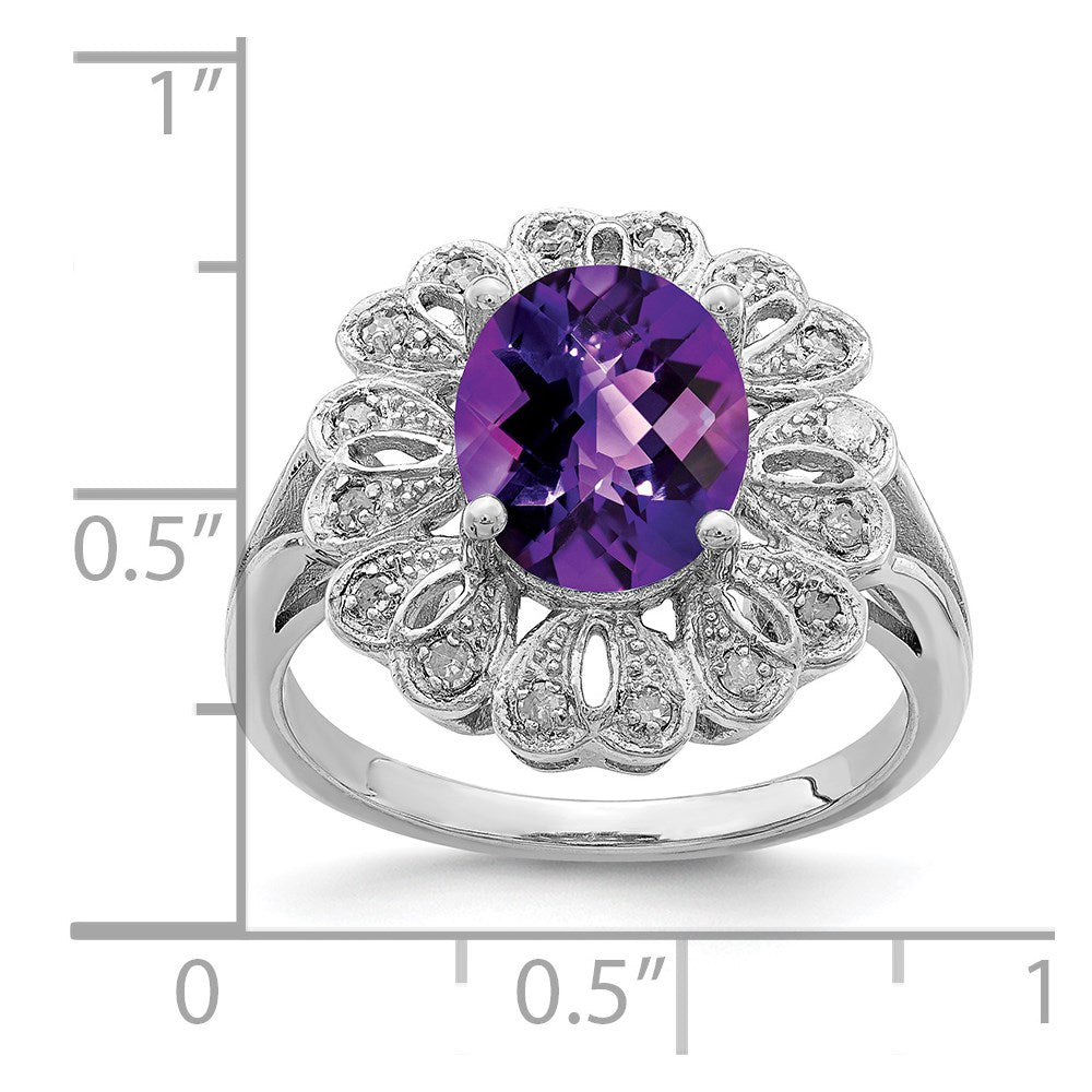 Sterlingsilber Rhodiniert Diamant & Oval Karo Schliff Amethyst Ring (size 7 Nur)