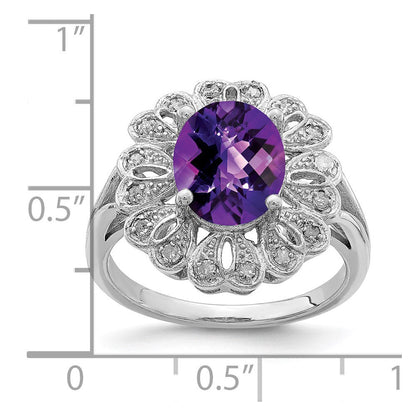 Sterlingsilber Rhodiniert Diamant & Oval Karo Schliff Amethyst Ring (size 7 Nur)