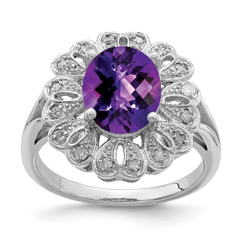 Sterlingsilber Rhodiniert Diamant & Oval Karo Schliff Amethyst Ring (size 7 Nur)