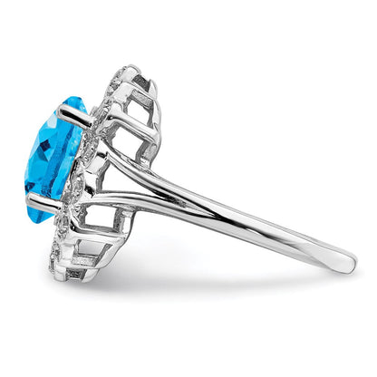 Sterlingsilber Rhodium Diamant & Oval Karo Schliff Blautopas Ring (size 7 Nur)
