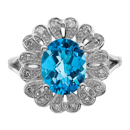 Sterlingsilber Rhodium Diamant & Oval Karo Schliff Blautopas Ring (size 7 Nur)
