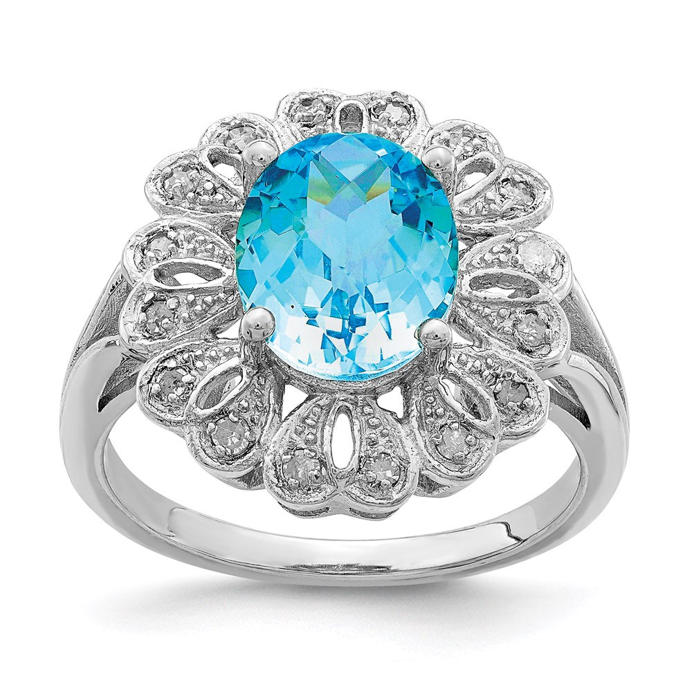 Sterlingsilber Rhodium Diamant & Oval Karo Schliff Blautopas Ring (size 7 Nur)