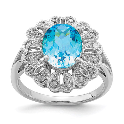Sterlingsilber Rhodium Diamant & Oval Karo Schliff Blautopas Ring (size 7 Nur)