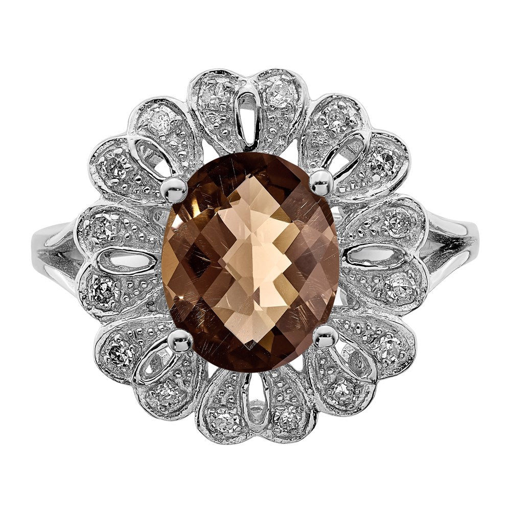 Sterlingsilber Rhodium Diamant & Karo Schliff Rauch Quarz Ring