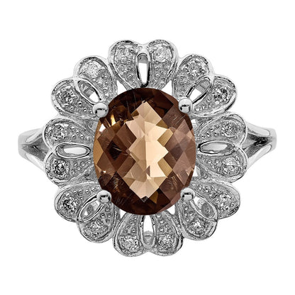 Sterlingsilber Rhodium Diamant & Karo Schliff Rauch Quarz Ring