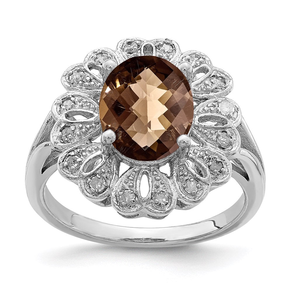 Sterlingsilber Rhodium Diamant & Karo Schliff Rauch Quarz Ring