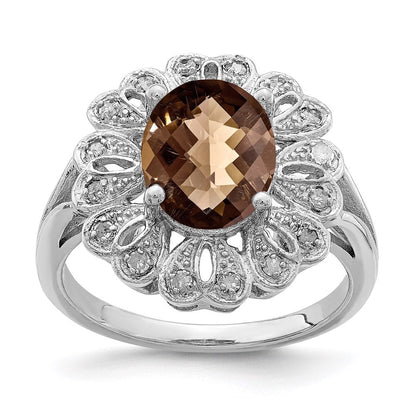Sterlingsilber Rhodium Diamant & Karo Schliff Rauch Quarz Ring