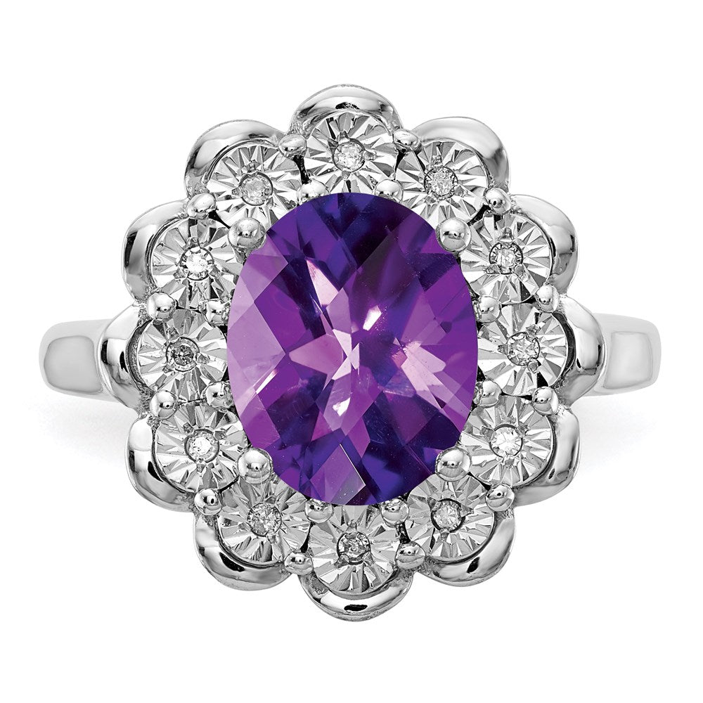 Sterlingsilber Rhodiniert Diamant & Karo Schliff Amethyst Ring
