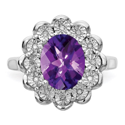Sterlingsilber Rhodiniert Diamant & Karo Schliff Amethyst Ring