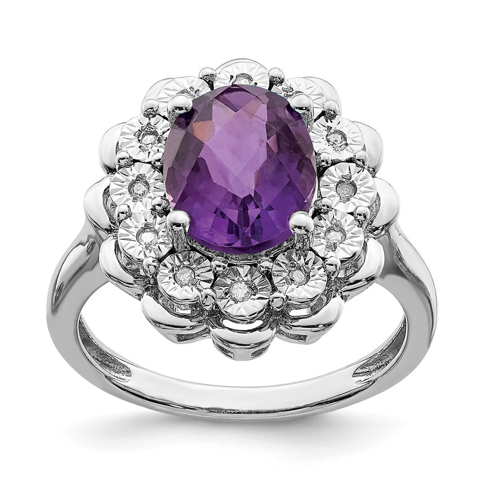 Sterlingsilber Rhodiniert Diamant & Karo Schliff Amethyst Ring