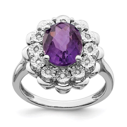 Sterlingsilber Rhodiniert Diamant & Karo Schliff Amethyst Ring