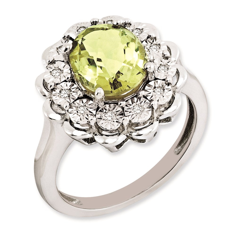 Sterlingsilber Rhodiniert Diamant & Oval Karo Schliff Zitrone Quarz Ring (size 7 Nur)