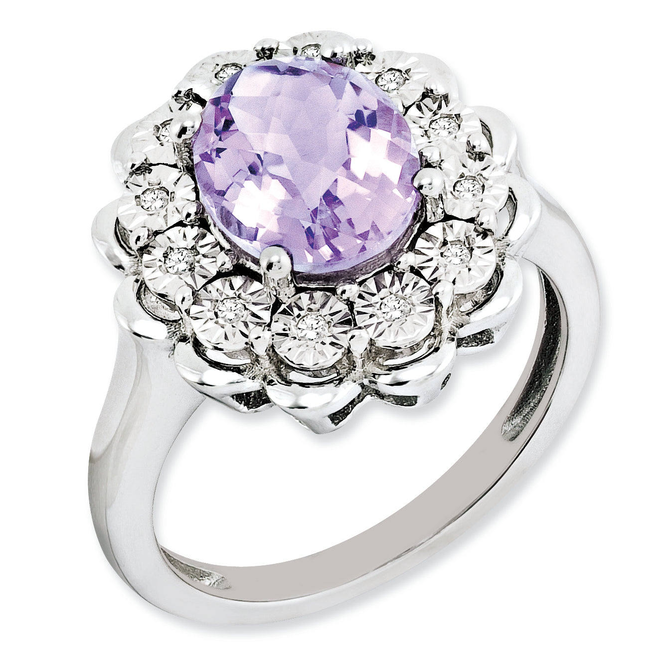 Sterlingsilber Rhodiniert Diamant & Karo Schliff Rosa Quarz Ring
