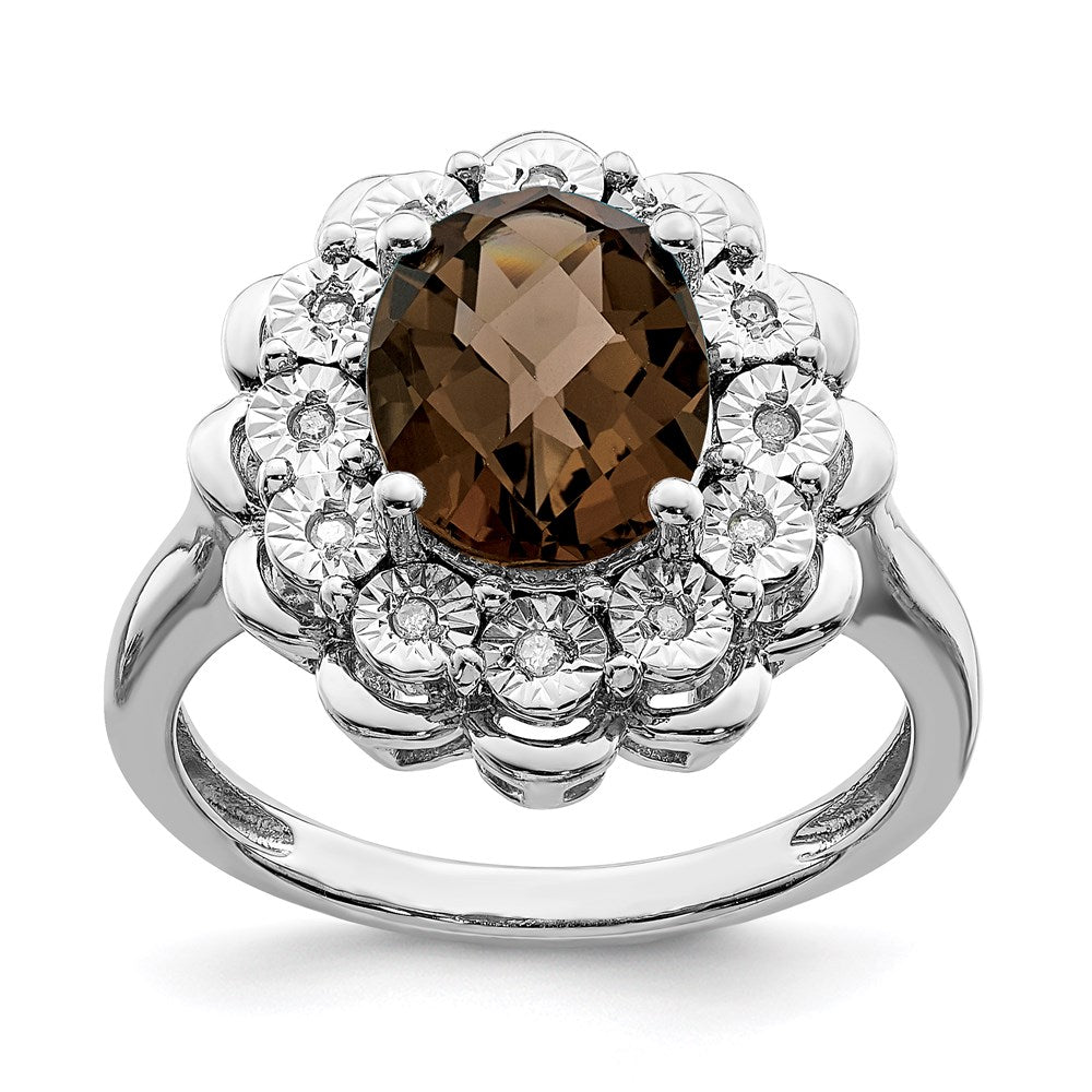 Sterlingsilber Rhodium Diamant & Oval Karo Schliff Rauch Quarz Ring (size 7 Nur)