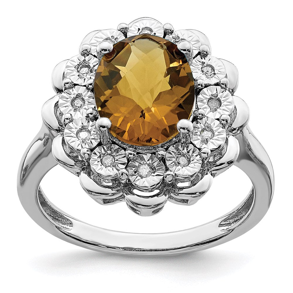 Sterlingsilber Rhodium Diamant & Oval Karo Schliff Whiskey Quarz Ring