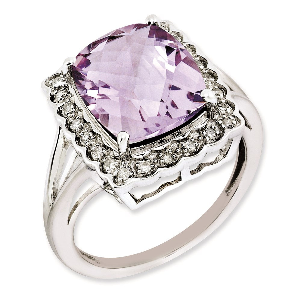 Sterlingsilber Rhodiniert Diamant & Karo Schliff Rosa Quarz Ring