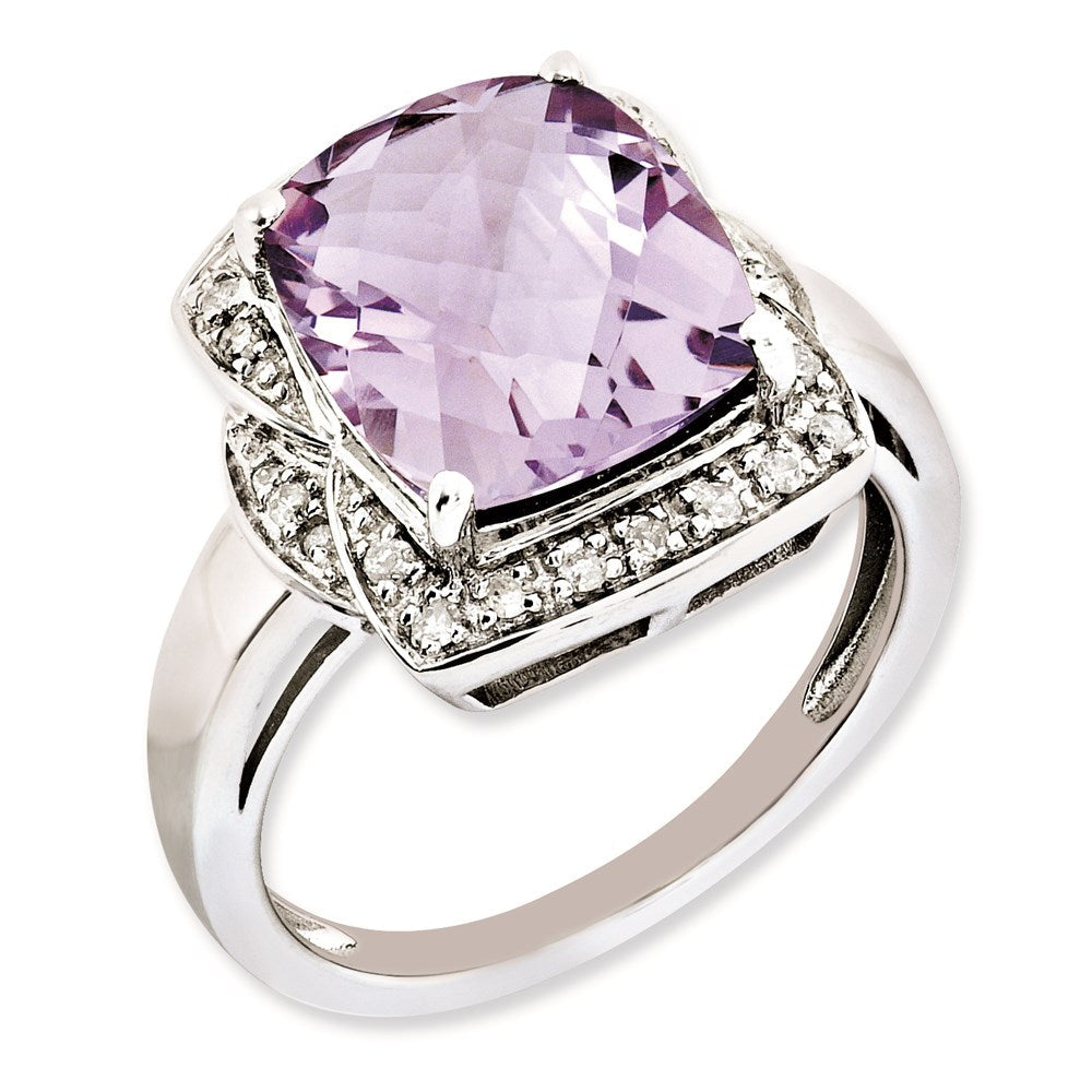 Sterlingsilber Rhodiniert Diamant & Karo Schliff Rosa Quarz Ring (size 8 Nur)