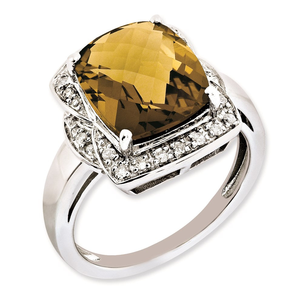Sterlingsilber Rhodiniert Diamant & Karo Schliff Whiskey Quarz Ring (size 7 Nur)