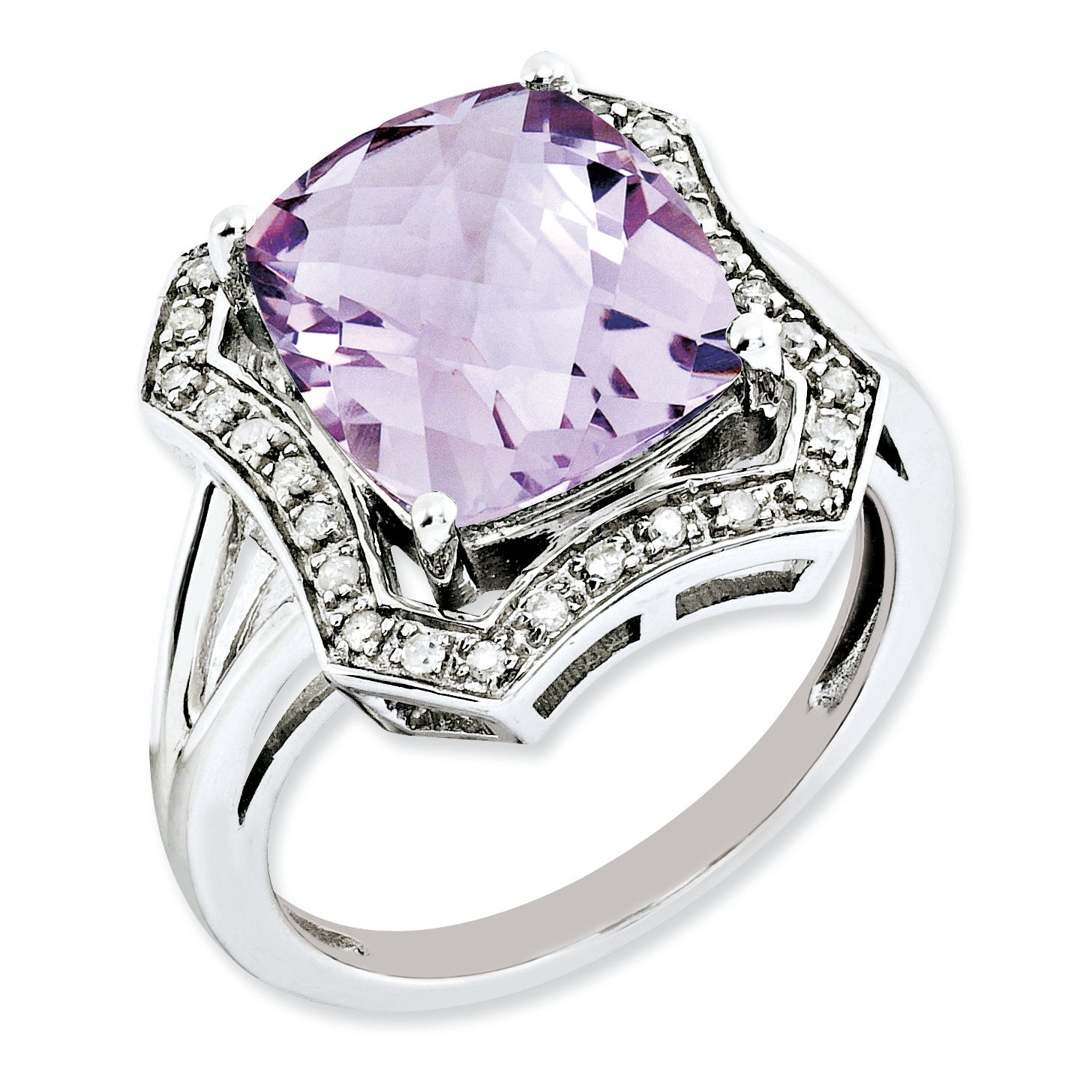 Sterlingsilber Rhodiniert Diamant & Karo Schliff Rosa Quarz Ring