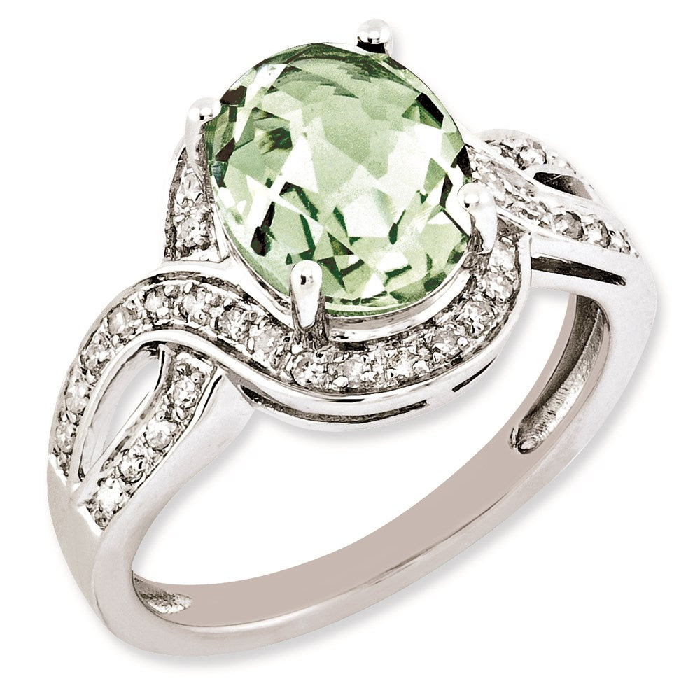 Sterlingsilber Rhodiniert Diamant & Oval Karo Schliff Grün Quarz Ring (size 7 Nur)