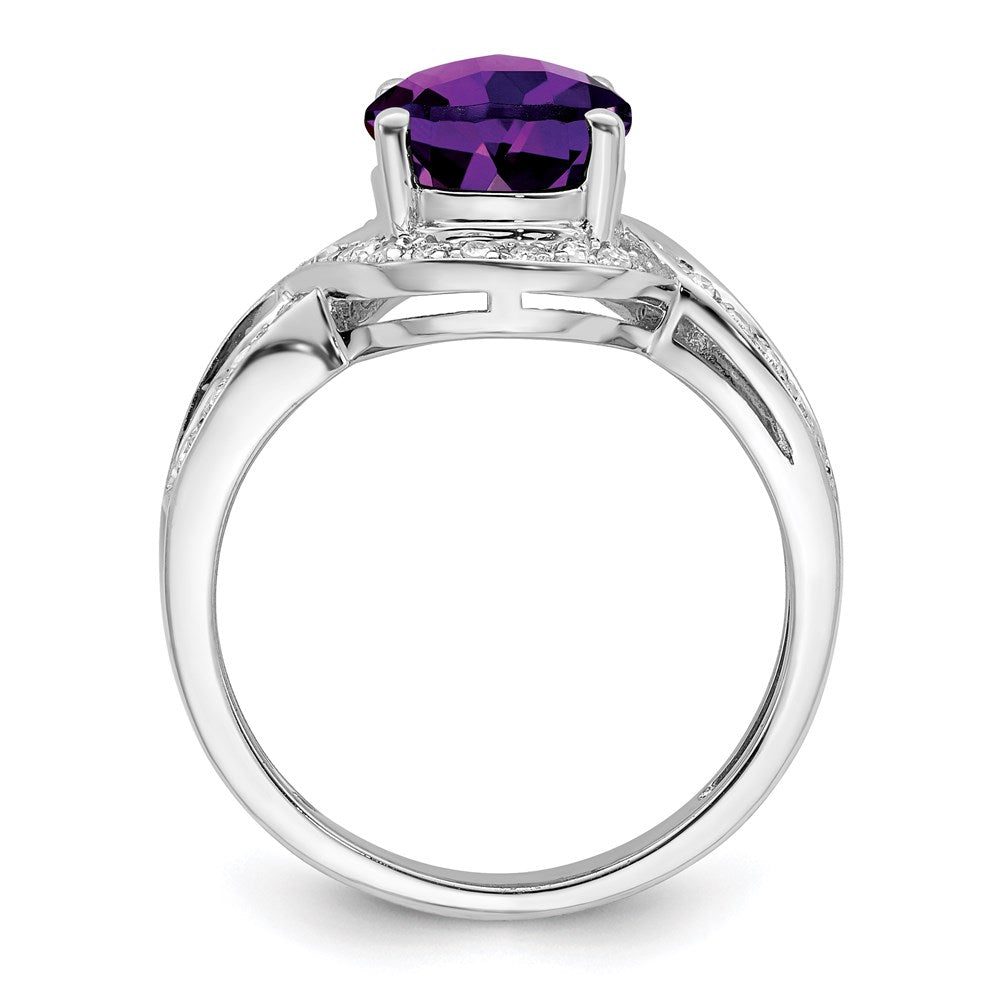 Sterlingsilber Rhodiniert Diamant & Oval Karo Schliff Amethyst Ring (size 7 Nur)