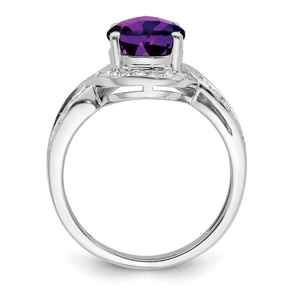 Sterlingsilber Rhodiniert Diamant & Oval Karo Schliff Amethyst Ring (size 7 Nur)