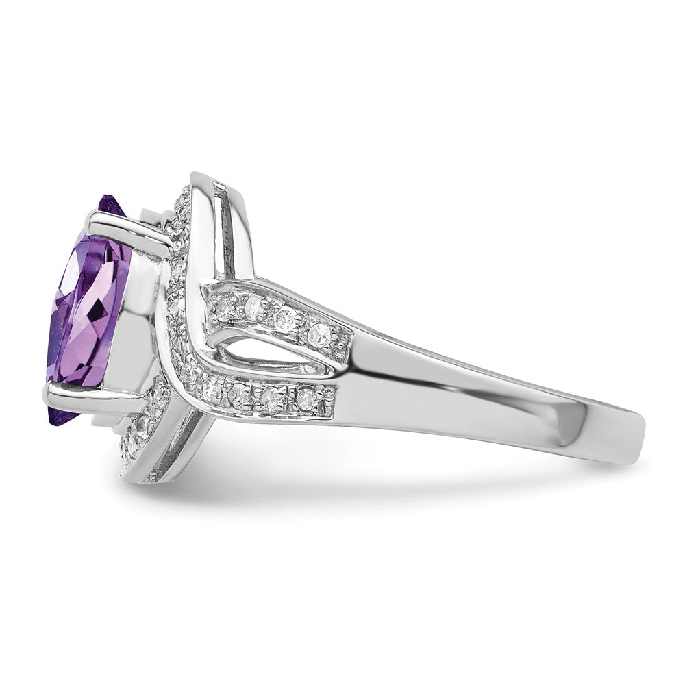 Sterlingsilber Rhodiniert Diamant & Oval Karo Schliff Amethyst Ring (size 7 Nur)