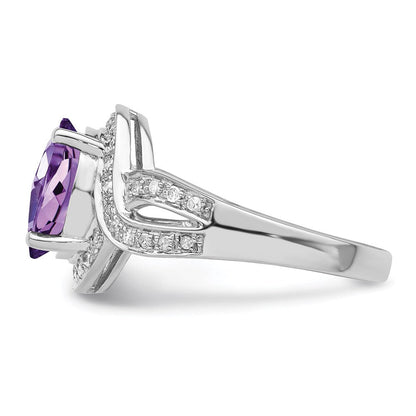 Sterlingsilber Rhodiniert Diamant & Oval Karo Schliff Amethyst Ring (size 7 Nur)