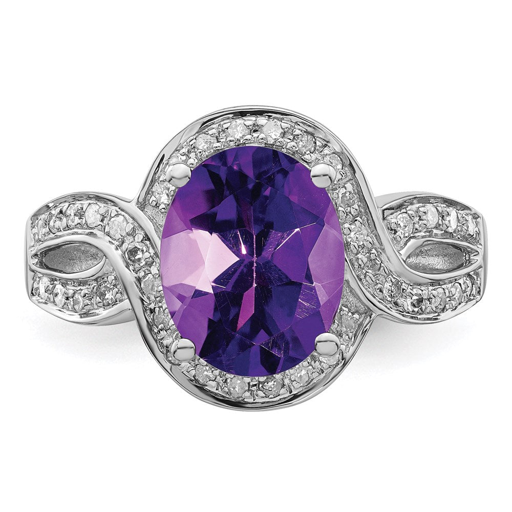 Sterlingsilber Rhodiniert Diamant & Oval Karo Schliff Amethyst Ring (size 7 Nur)