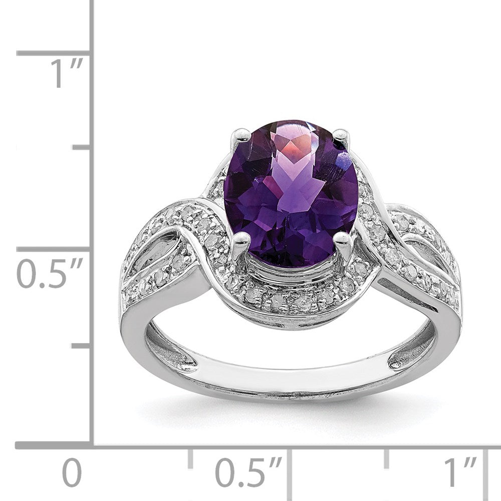 Sterlingsilber Rhodiniert Diamant & Oval Karo Schliff Amethyst Ring (size 7 Nur)