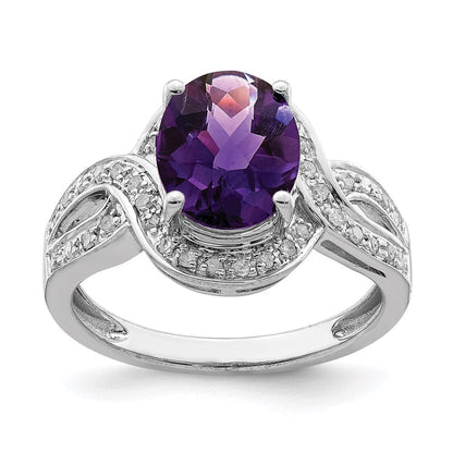 Sterlingsilber Rhodiniert Diamant & Oval Karo Schliff Amethyst Ring (size 7 Nur)