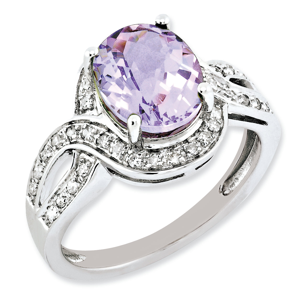 Sterlingsilber Rhodiniert Diamant & Karo Schliff Rosa Quarz Ring