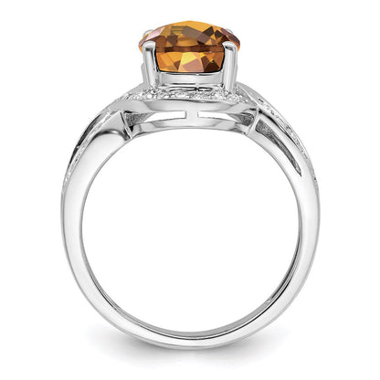 Sterlingsilber Rhodium Diamant & Oval Karo Schliff Whiskey Quarz Ring (size 7 Nur)
