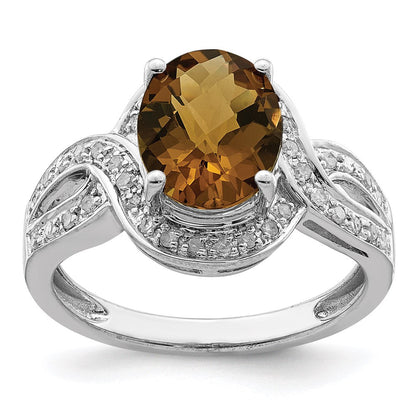 Sterlingsilber Rhodium Diamant & Oval Karo Schliff Whiskey Quarz Ring (size 7 Nur)