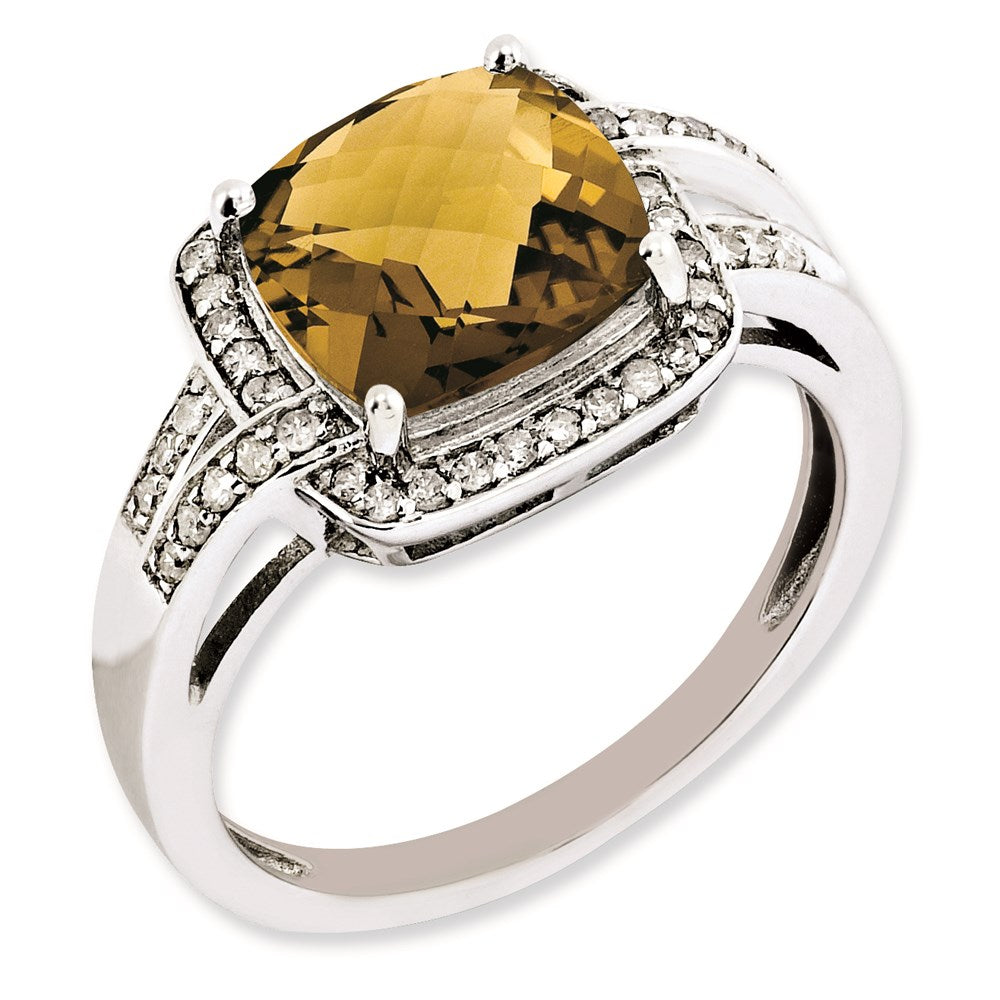 Sterlingsilber Rhodiniert Diamant & Karo Schliff Whiskey Quarz Ring (size 7 Nur)
