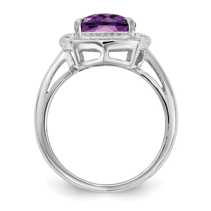 Sterlingsilber Rhodiniert Diamant & Karo Schliff Amethyst Ring