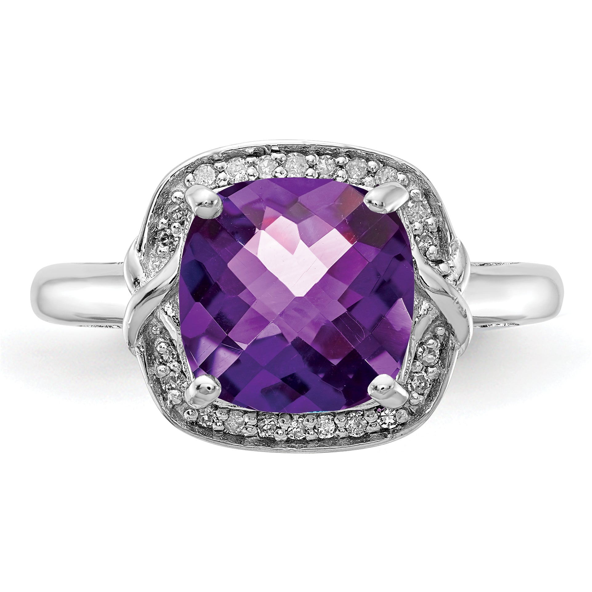 Sterlingsilber Rhodiniert Diamant & Karo Schliff Amethyst Ring