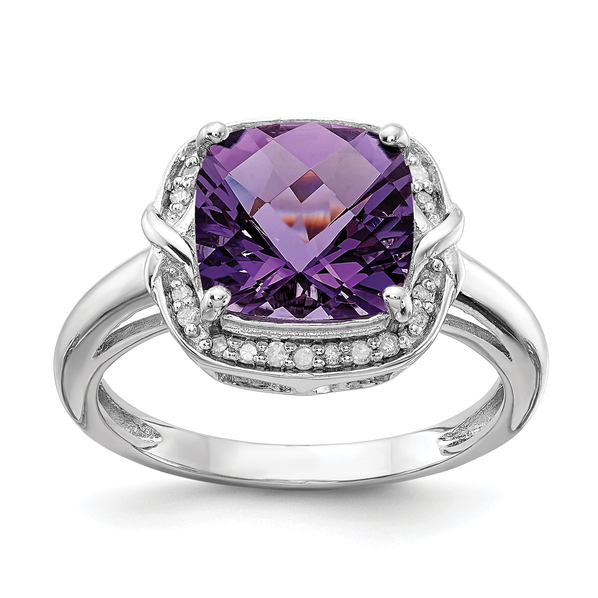Sterlingsilber Rhodiniert Diamant & Karo Schliff Amethyst Ring