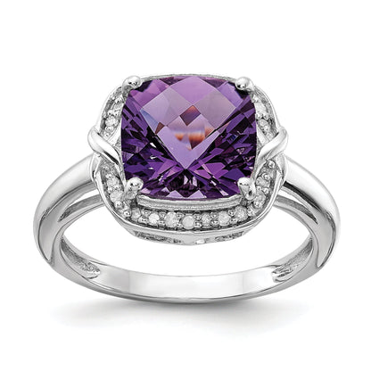 Sterlingsilber Rhodiniert Diamant & Karo Schliff Amethyst Ring