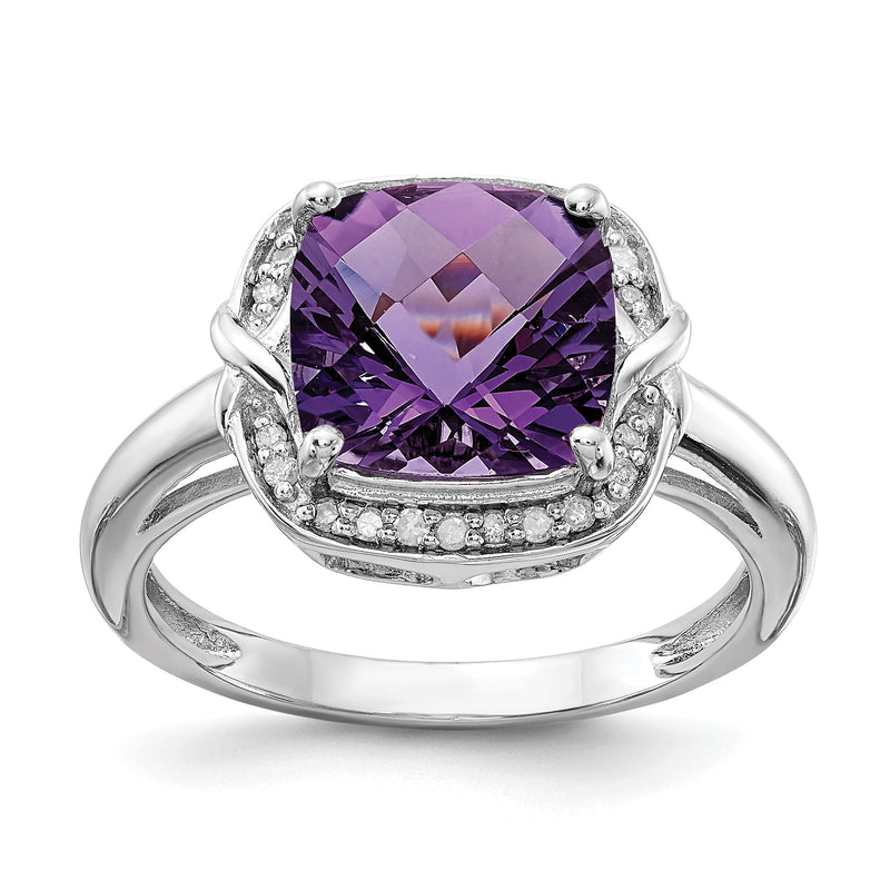 Sterlingsilber Rhodiniert Diamant & Karo Schliff Amethyst Ring