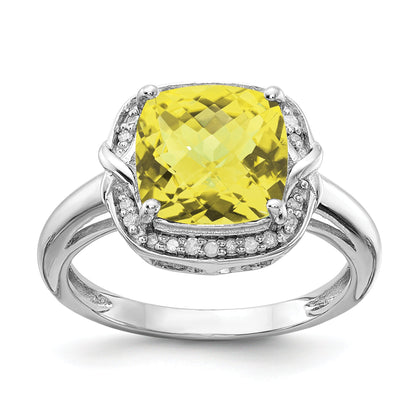 Sterlingsilber Rhodium Diamant & Karo Schliff Zitrone Quarz Ring