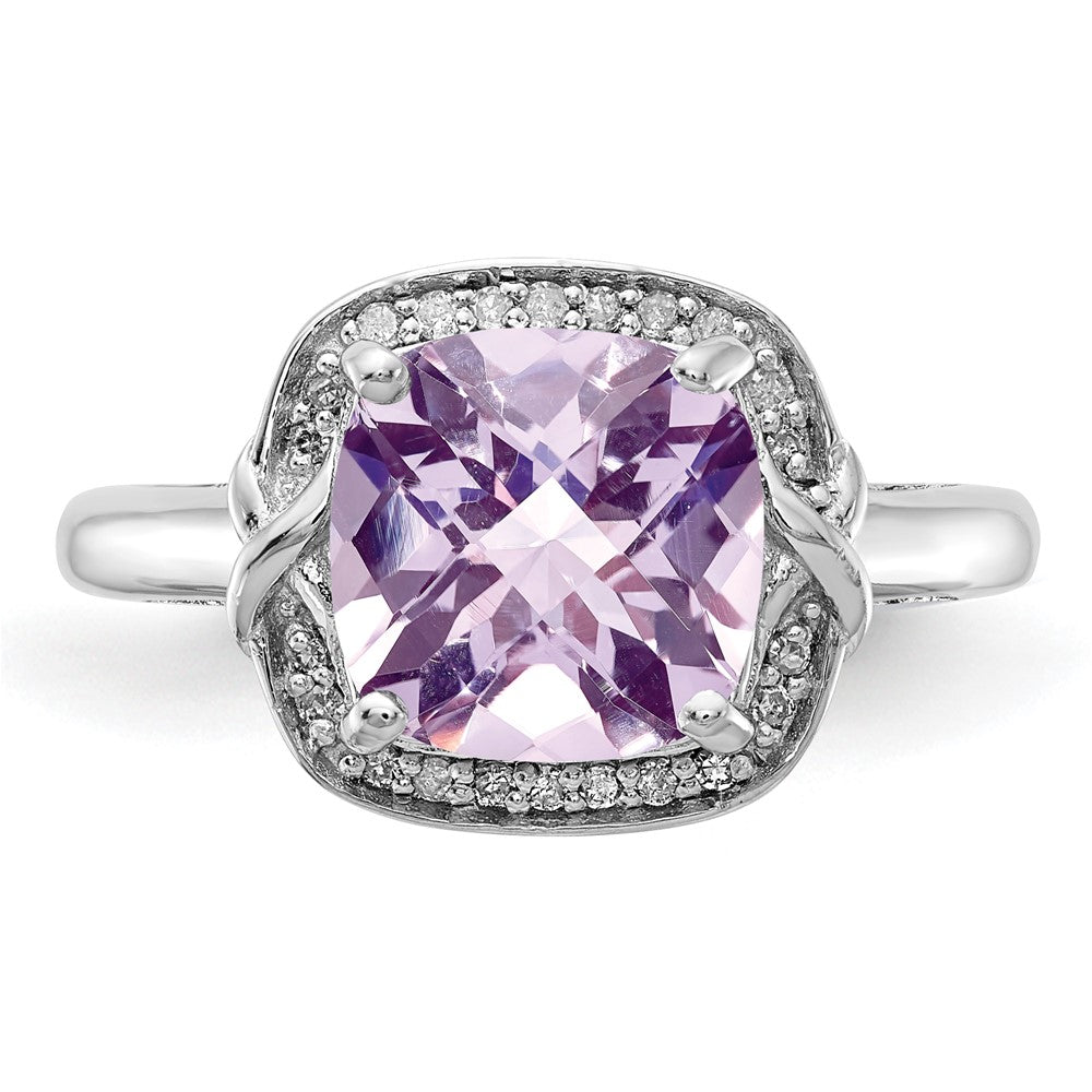 Sterlingsilber Rhodium Diamant & Karo Schliff Rosa Quarz Ring