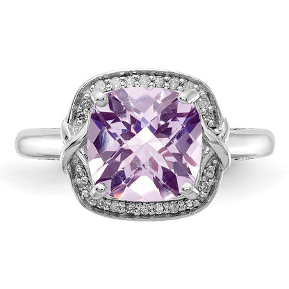 Sterlingsilber Rhodium Diamant & Karo Schliff Rosa Quarz Ring