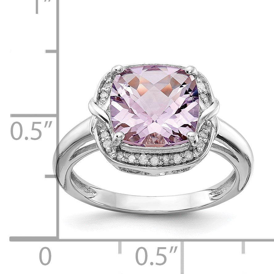 Sterlingsilber Rhodium Diamant & Karo Schliff Rosa Quarz Ring