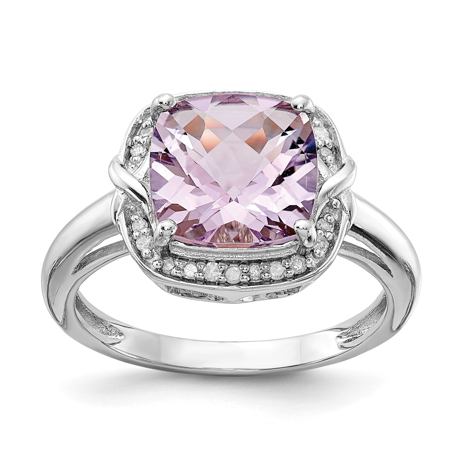 Sterlingsilber Rhodium Diamant & Karo Schliff Rosa Quarz Ring