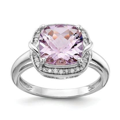 Sterlingsilber Rhodium Diamant & Karo Schliff Rosa Quarz Ring