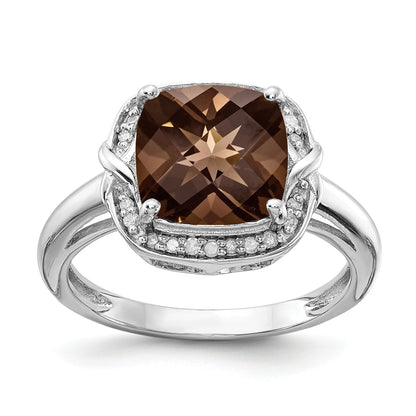 Sterlingsilber Rhodium Diamant & Karo Schliff Rauch Quarz Ring