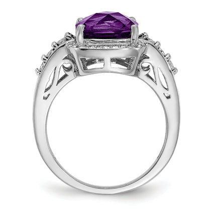 Sterlingsilber Rhodiniert Diamant & Karo Schliff Amethyst Ring
